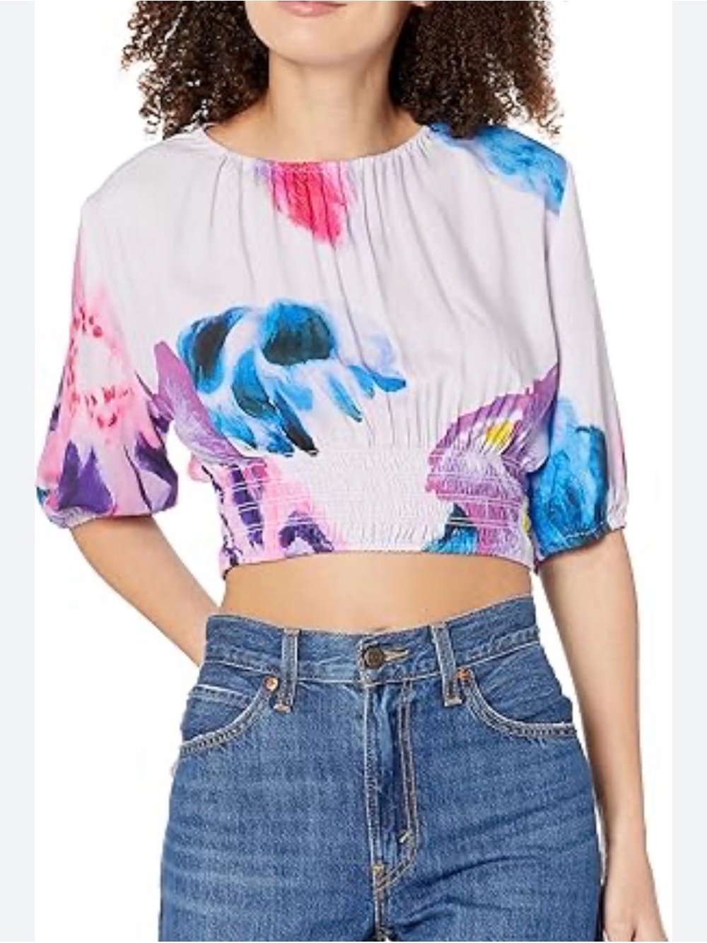 Desigual by Christian Lacriox Floral Smocked Crop Top in Blue, Pink, Purple